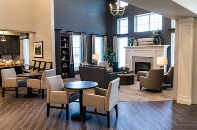 Cozy common area with seating and fireplace
