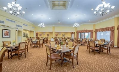 Bright dining area with tables set for meals