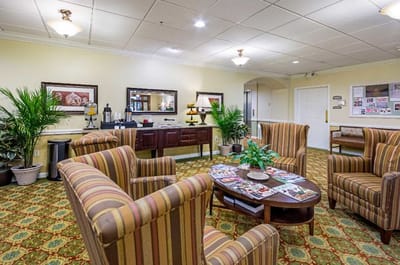 Bright common area with seating and decor