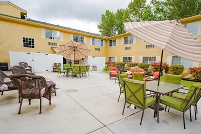 Outdoor seating area with umbrellas and tables