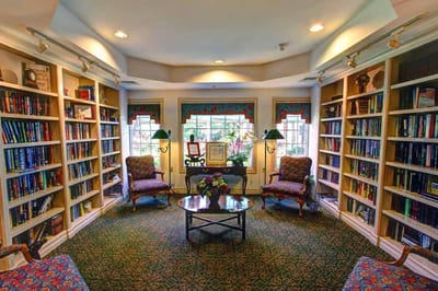 Cozy reading nook with bookshelves and armchairs