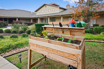 Garden bed with gardening tools in front of the facility