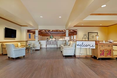 Bright interior common area with seating