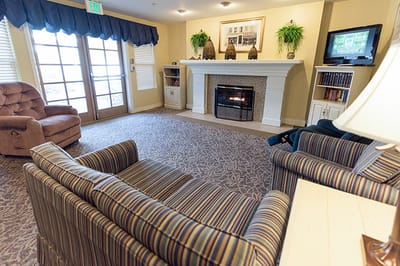 Cozy common area with comfortable seating and fireplace