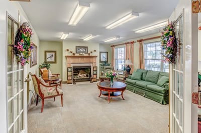 Interior common area with seating and fireplace
