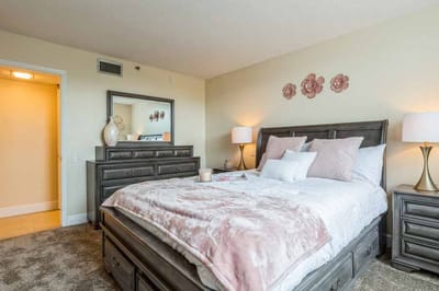 Cozy bedroom setup with a large bed and decor