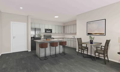 Modern kitchen interior with dining area