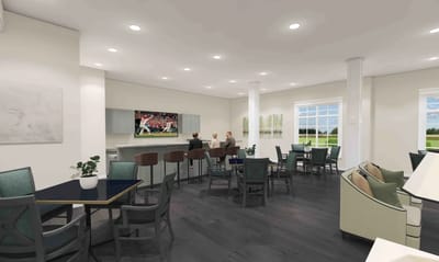 Residents enjoying a social area with a TV