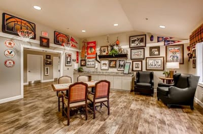 Activity room decorated with sports memorabilia