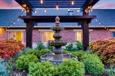 Beautiful outdoor garden with a fountain and flowers