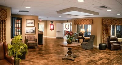 Bright interior of a common area in a memory care facility