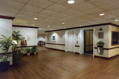 Interior hallway with elevator and plants