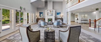 Cozy common area with seating and fireplace