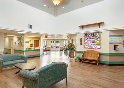 Bright common area in a senior living facility
