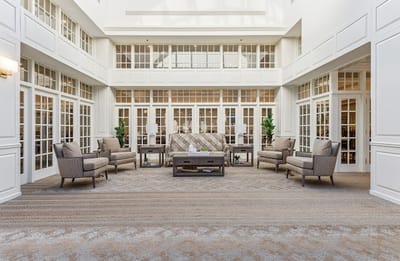 Bright and inviting common area with seating