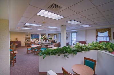 Interior view of a common area with seating and greenery