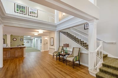 Bright lobby area of the assisted living facility