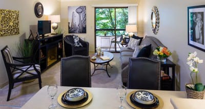 A cozy living room setup in an assisted living facility