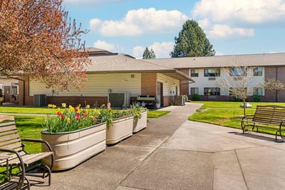 Outdoor space with flower planters and benches
