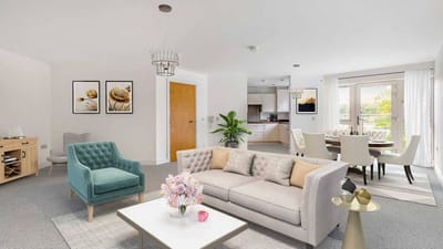 Bright and modern living room in a senior facility