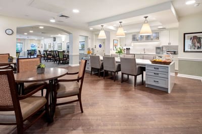 Bright interior view of a common area with seating