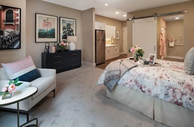 A beautifully decorated resident room with floral accents