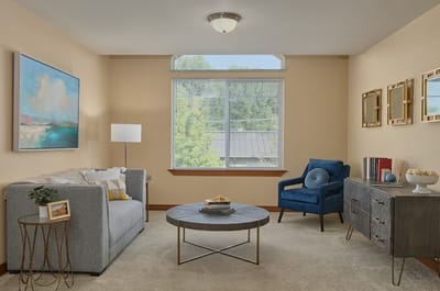 Bright, cozy interior living space with furniture