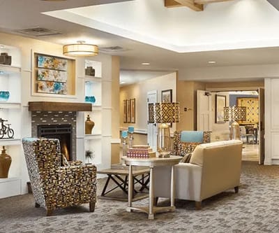 Bright common area with comfortable seating and decor