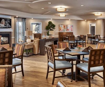 Bright dining area in an assisted living facility
