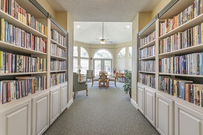 Interior view of a library with bookshelves