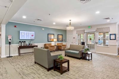 Interior view of a comfortable common area with seating