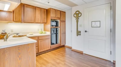 Bright kitchen interior with wooden cabinets and appliances