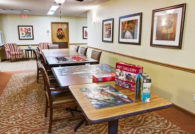 Activity room with puzzles and games set up