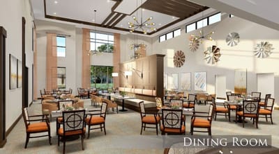 Bright dining room with tables and chairs