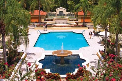 Tropical outdoor pool area with fountain and palm trees