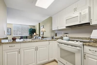 Spacious kitchen area in a senior living facility
