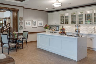 Stylish common area with a buffet table and seating