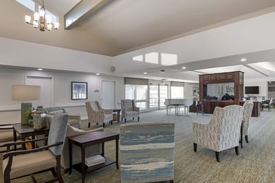 Common area of a senior living facility with seating
