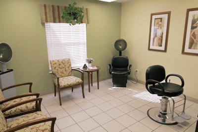 Interior view of a salon area with seating