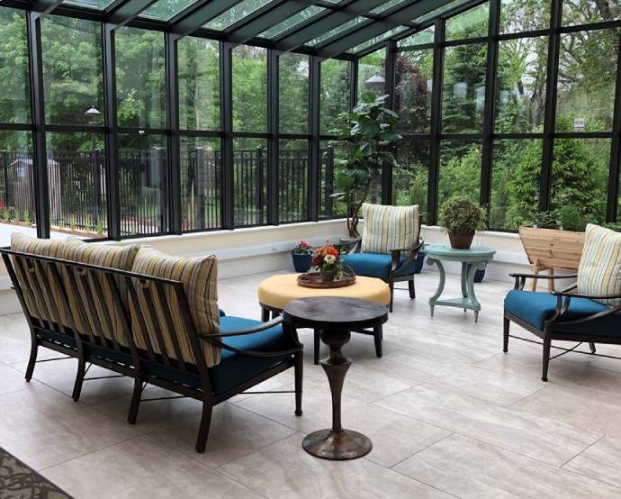 Bright indoor seating area with comfortable chairs