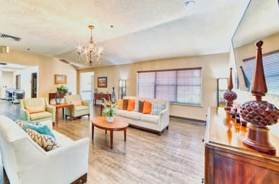 Bright common area with seating and decor