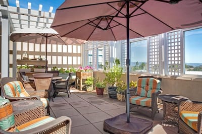 Outdoor patio area with dining furniture and plants