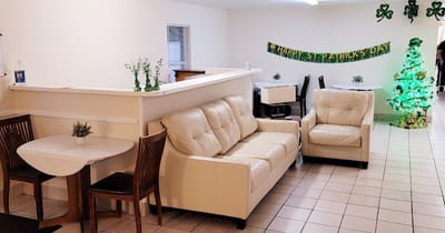 Bright common area decorated for St. Patrick's Day