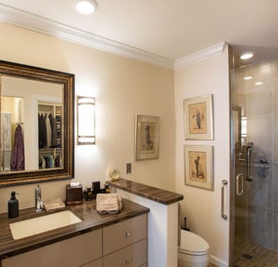 A well-decorated bathroom with modern amenities