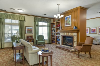 Cozy common area with a fireplace and seating