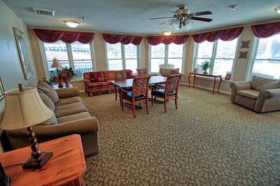 Common area with seating and large windows