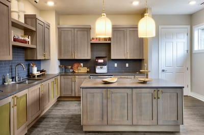 Modern kitchen interior with cabinets and countertops