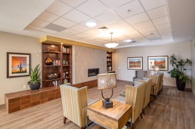A cozy common area with seating and decor