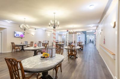 Interior dining area with tables and chairs