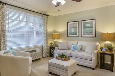 Cozy living room with a sofa and light decor